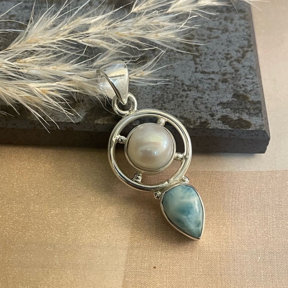 925 sterling silver natural Larimar with fresh water Pearl  pendant “B O H O” - Picture 3 of 9